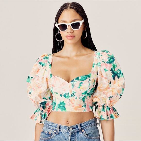 For Love & Lemons Holis Lace Up Crop Top Floral Puff Sleeves Sweetheart And XS - Picture 4 of 9